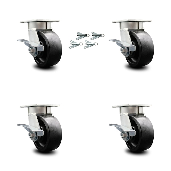 Service Caster 5 Inch Kingpinless Glass Filled Nylon Wheel Swivel Caster Set with Swivel Locks SCC-KP30S520-GFNR-BSL-4 - main